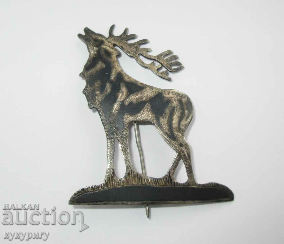 Old Royal Silver Hunting Badge Deer Brooch Niello