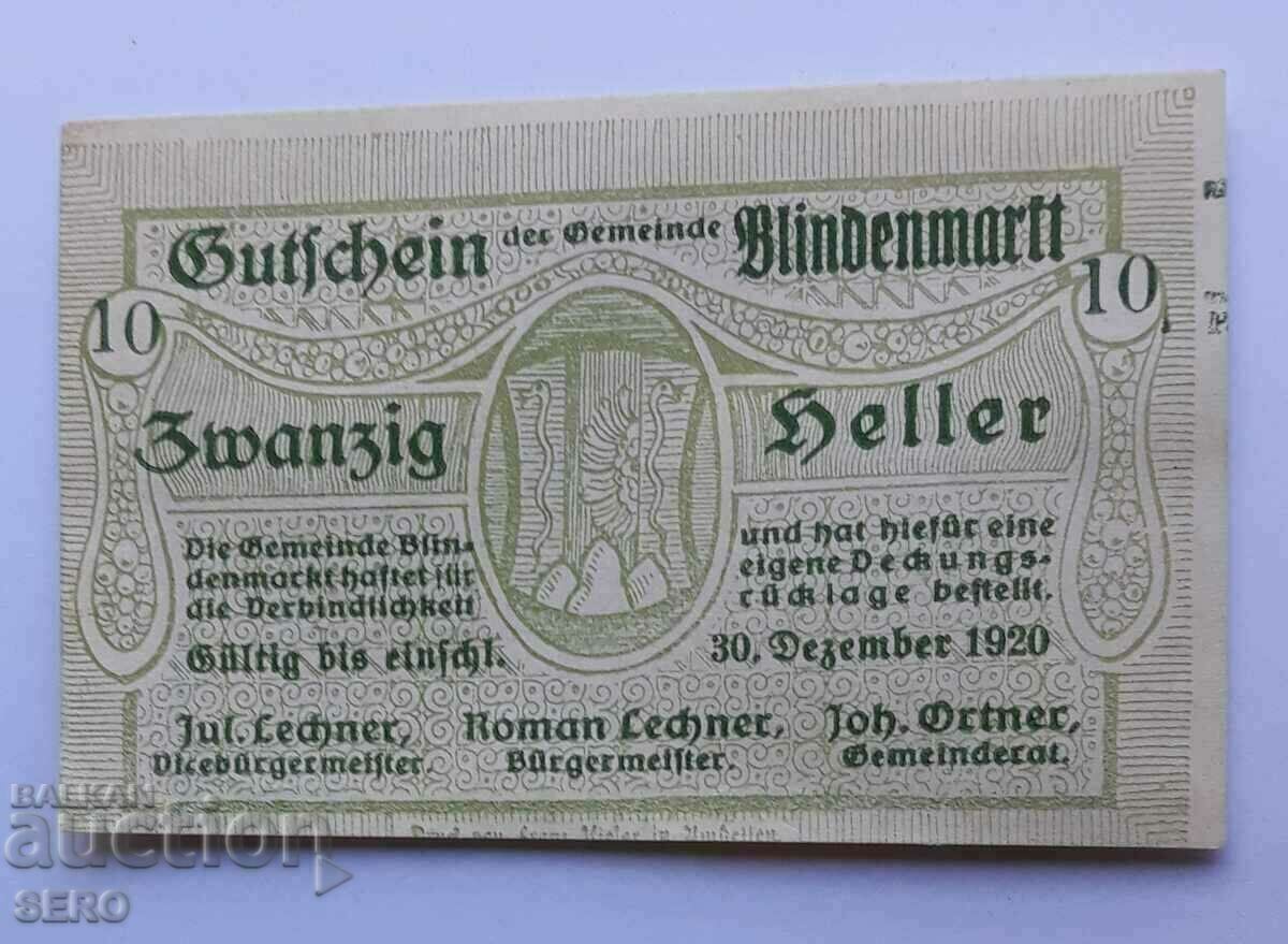 Bancnota-Austria-D.Austria-Blindenmarkt-10 Heller 1920-curio