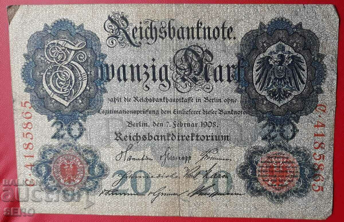 Bancnota-Germania-20 marci 1908-rara
