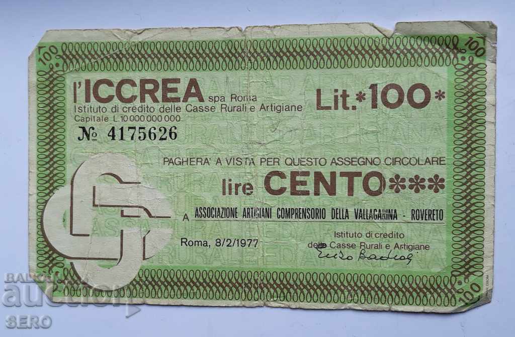 Банкнота-Италия-местна банкнота/чек/ 100 лири 1977