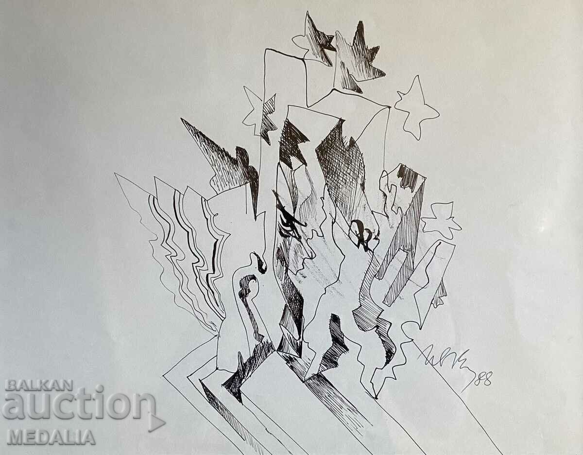 Ivan Kirkov-Composition-drawing-signed-framed-1988