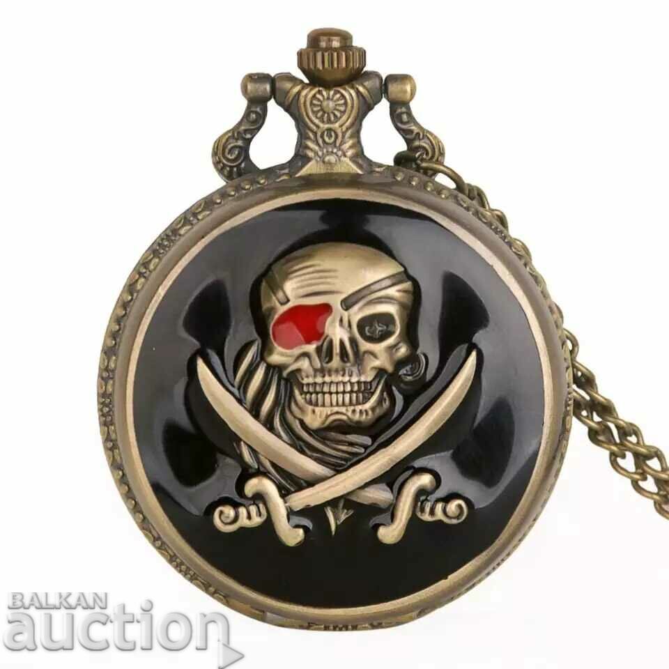 New Pocket Watch Pirate Skull Sabers Bones Corsair Black