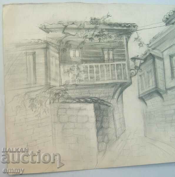 Стара рисунка с молив - стари къщи, пейзаж с цена 30.00 лв. | € 15.34 Стара рисунка с молив - стари къщи, пейзаж с цена 30.00 лв. | € 15.34