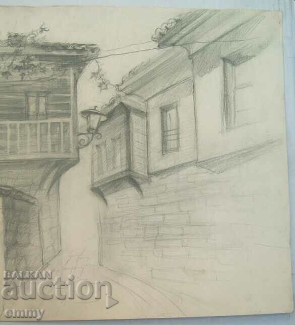 Аукцион Стара рисунка с молив - стари къщи, пейзаж Аукцион Стара рисунка с молив - стари къщи, пейзаж