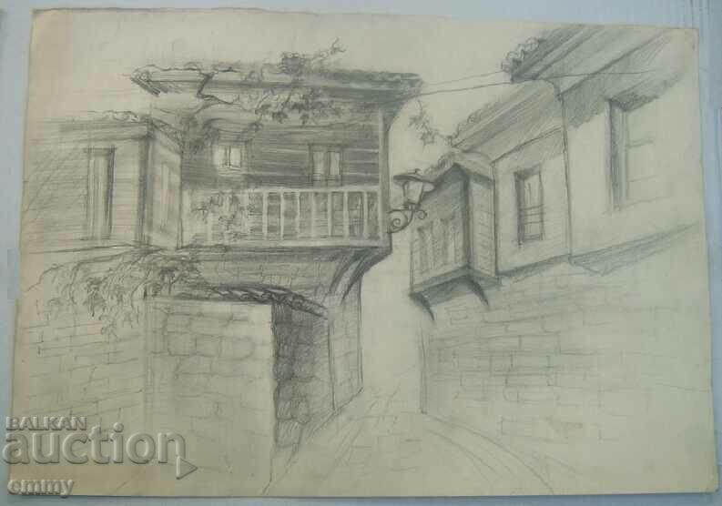 Old pencil drawing - old houses, landscape