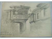 Old pencil drawing - old houses, landscape
