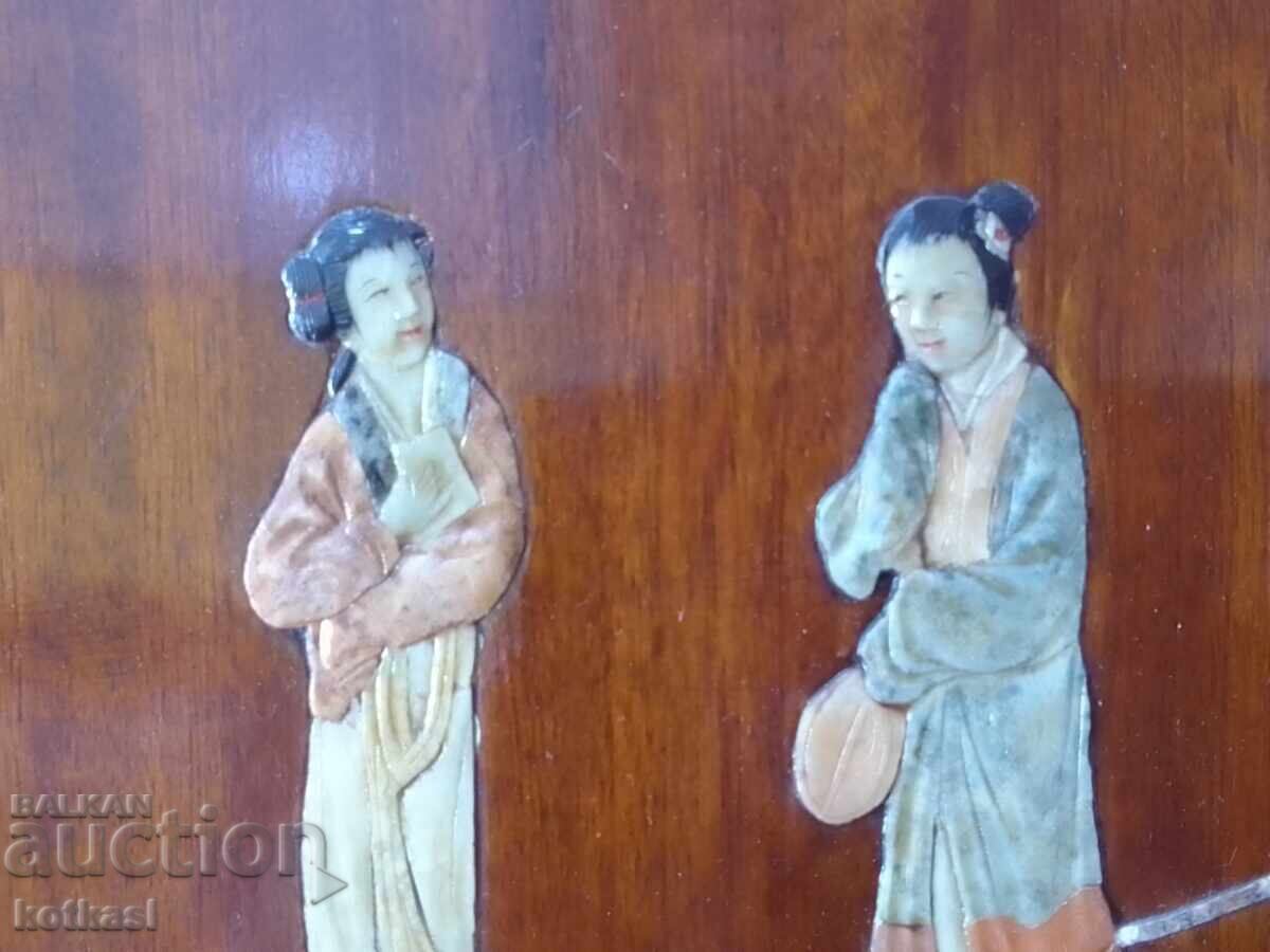 Auction  Wooden panel form Peach male female jade semi precious stones