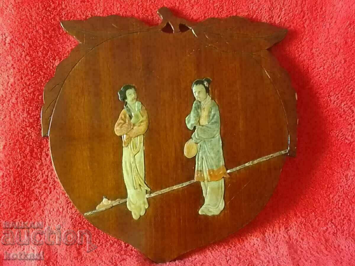 Wooden panel form Peach male female jade semi precious stones