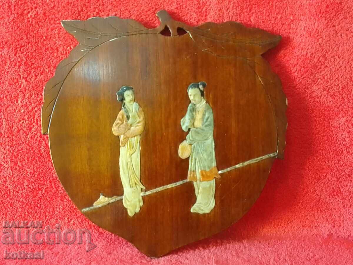 Wooden panel form Peach male female jade semi precious stones