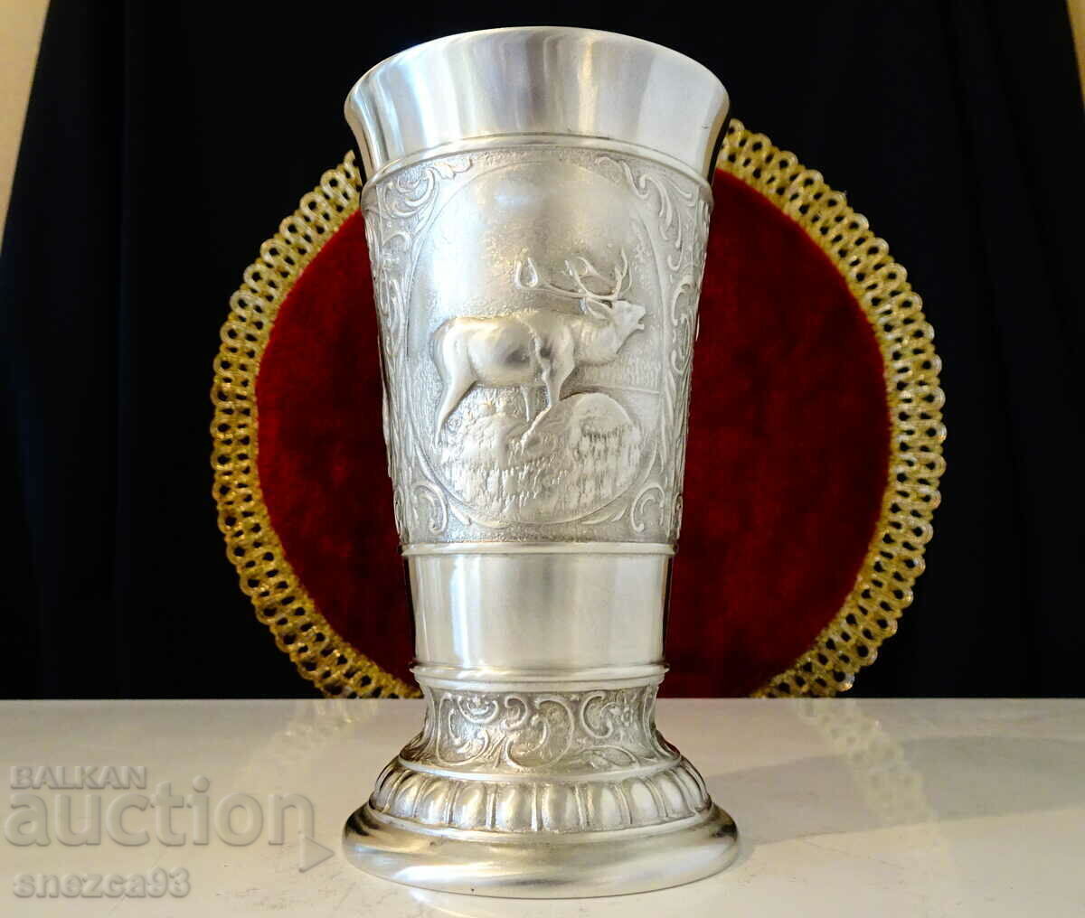 Hunting mug, tankard, pewter cup with Deer, Roe deer, Hunter