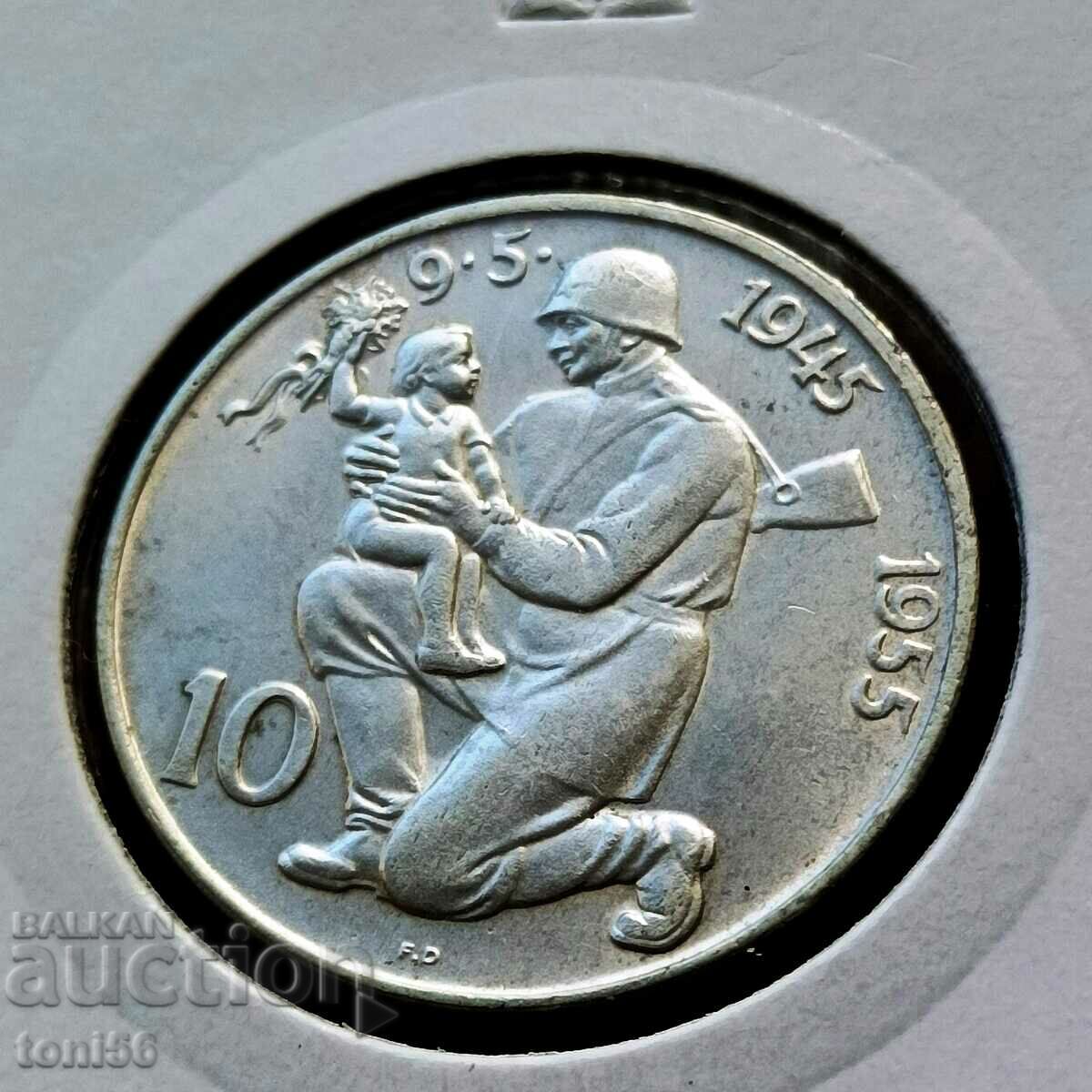 Чехословакия 10 крони 1955 UNC - сребро