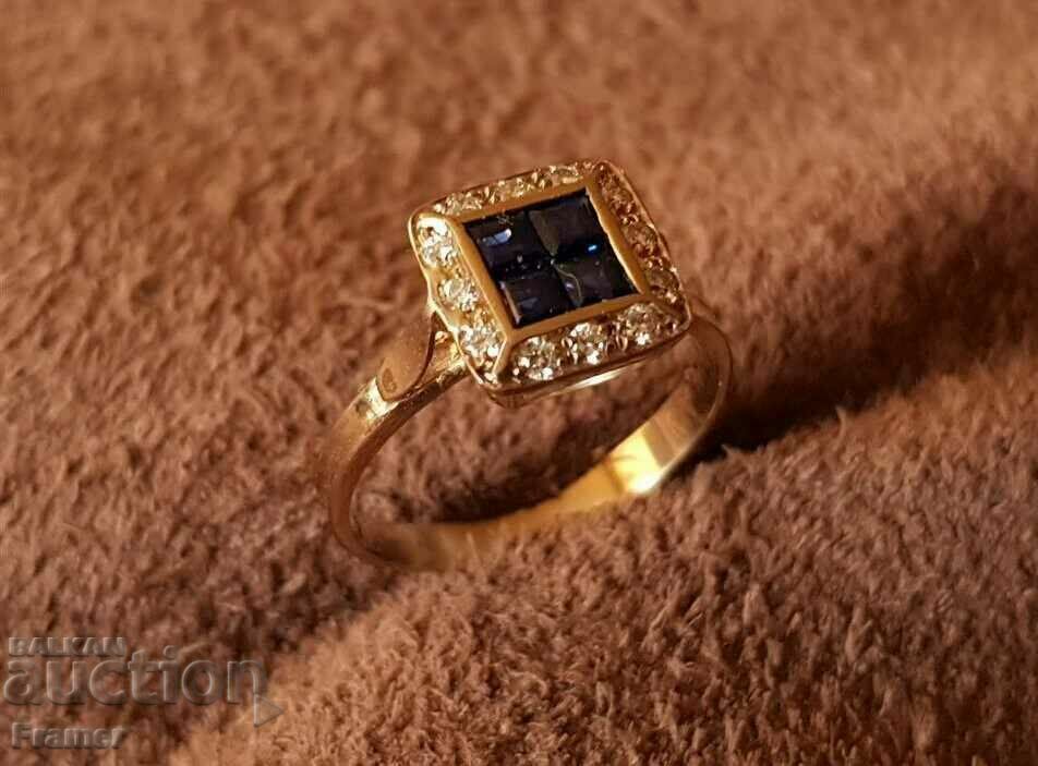 ЗЛАТЕН 18 КАРАТА с БРИЛЯНТИ диаманти сапфири Стилен пръстен