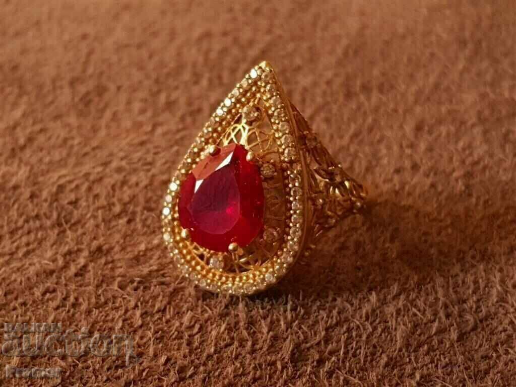 14K GOLD Stylish elegant ring with ruby and zircons - 5 14K GOLD Stylish elegant ring with ruby and zircons - 5