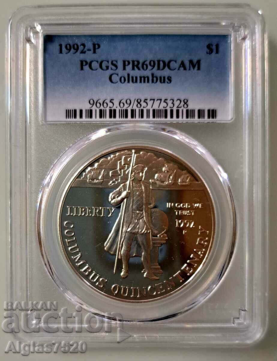 1 сребърен долар 1992 Р/PR 69 D Cameo