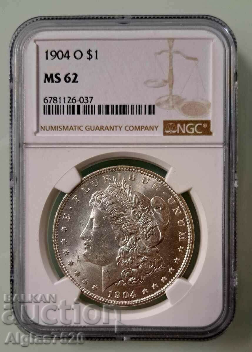 1 сребърен Морган долар 1904"О" MS 62