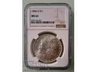 1 сребърен Морган долар 1904"О" MS 62