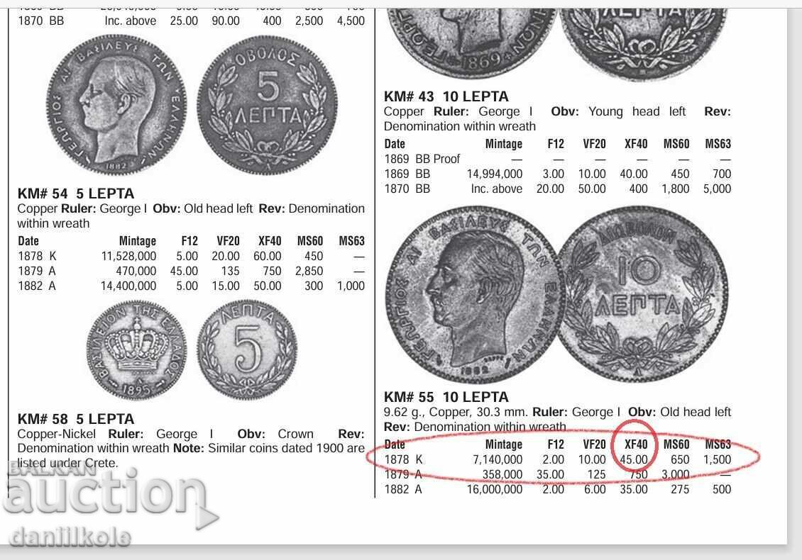 *$*Y*$* GREECE 10 LEPTA 1878 YEAR "K" EXCELLENT RRR *$*Y*$* - 7 *$*Y*$* GREECE 10 LEPTA 1878 YEAR "K" EXCELLENT RRR *$*Y*$* - 7