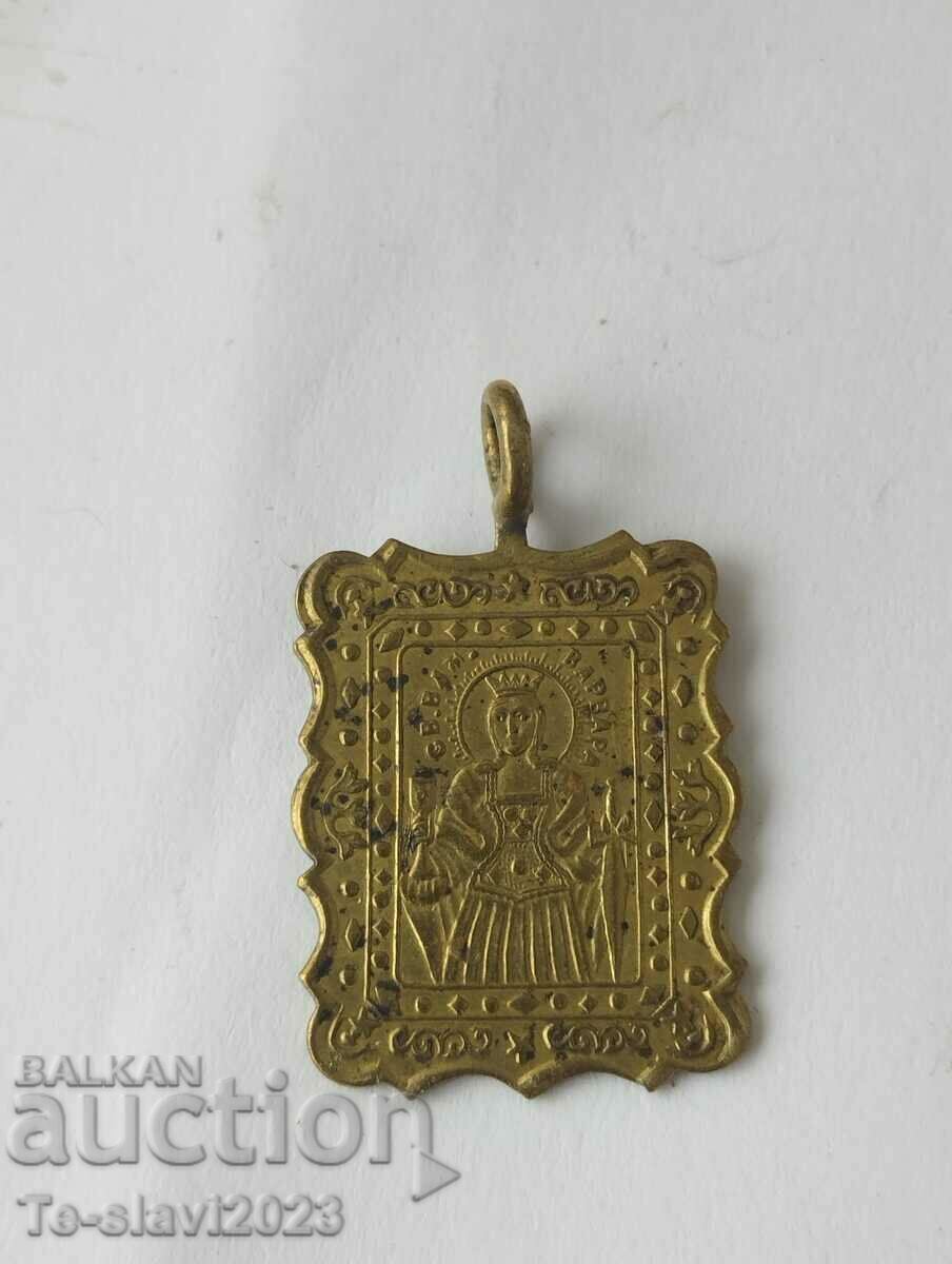 19 век Малка, миниатюрна  Бронзова икона - Света Варвара