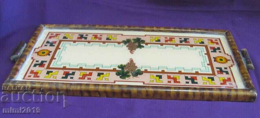 19th century Hand Painted Tray wood and glass - 6 19th century Hand Painted Tray wood and glass - 6