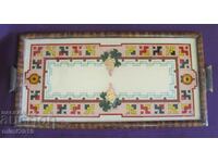19th century Hand Painted Tray wood and glass