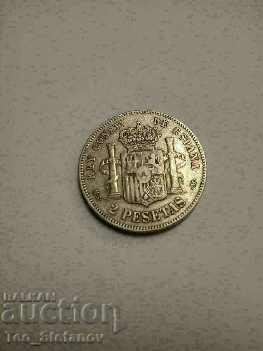 2 песети 1883 XF Испания сребро