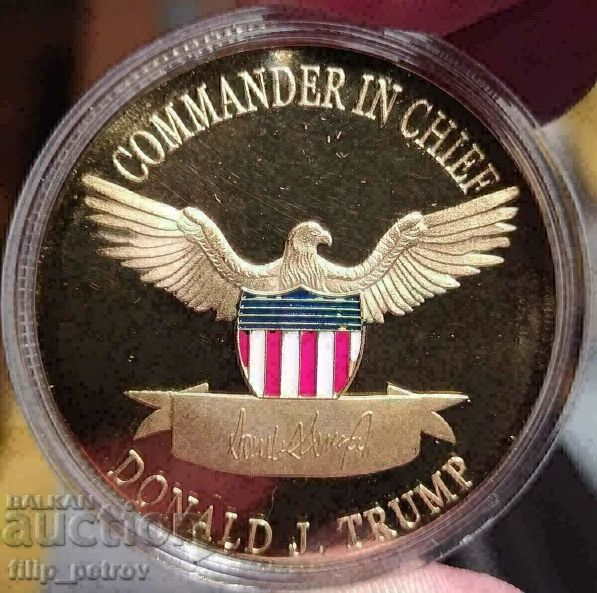 Plaque/Token, Donald Trump" in capsule. Matte gloss. Gilding with price 10.00 BGN | € 5.11 Plaque/Token, Donald Trump" in capsule. Matte gloss. Gilding with price 10.00 BGN | € 5.11