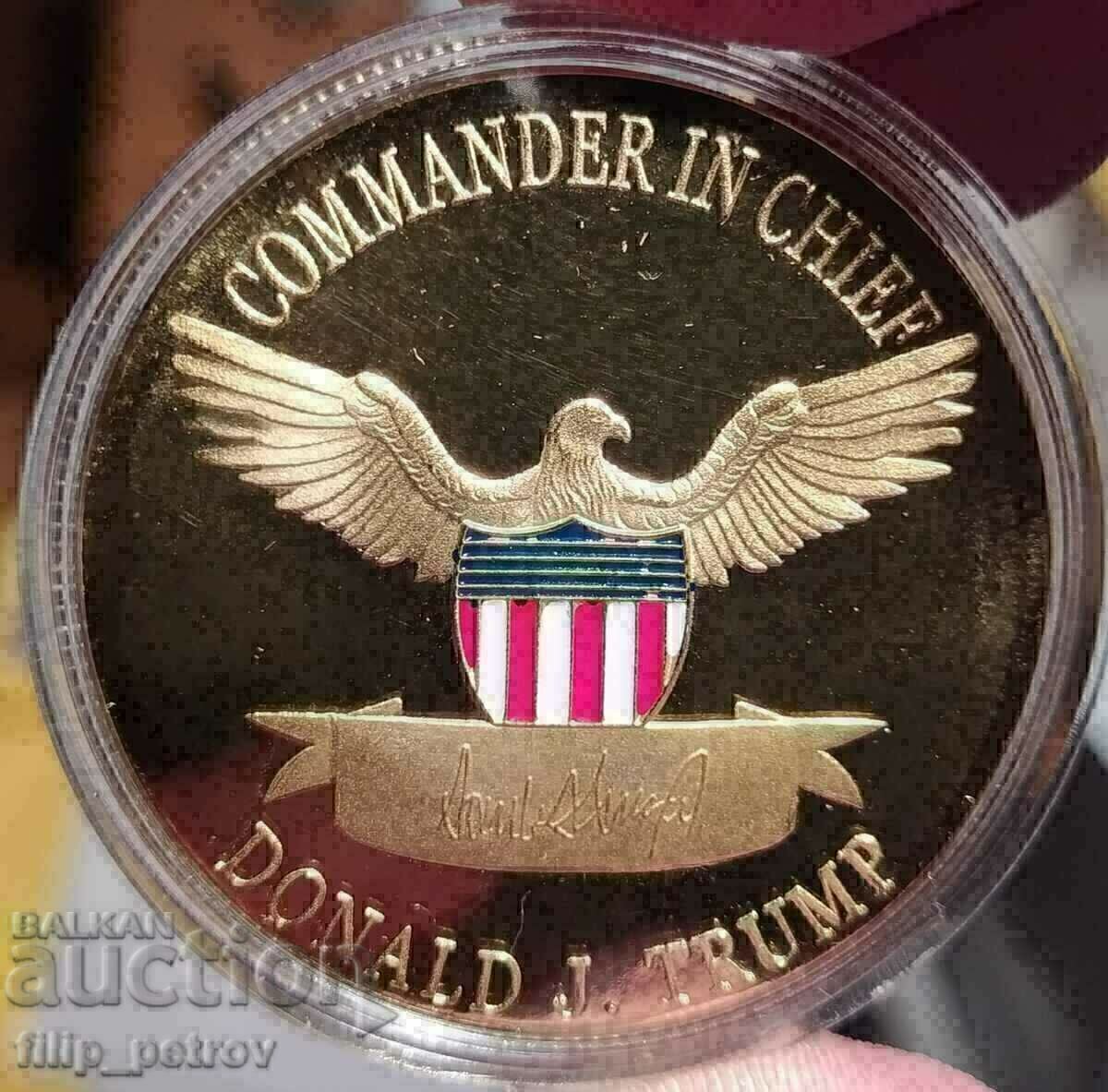 Delivery of Plaque/Token, Donald Trump" in capsule. Matte gloss. Gilding Delivery of Plaque/Token, Donald Trump" in capsule. Matte gloss. Gilding