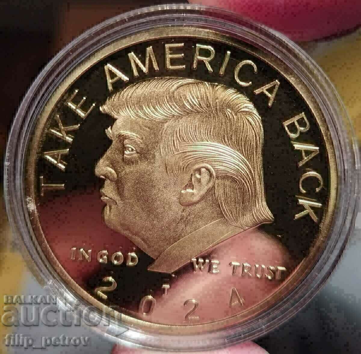 Plachetă/Token „Donald Trump” în capsulă. Mat lucios. Aurire