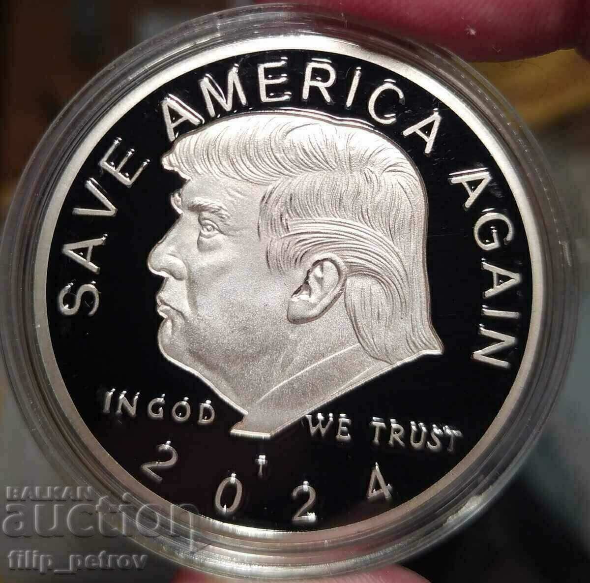 "Donald Trump 2024" plaque in a protective capsule.