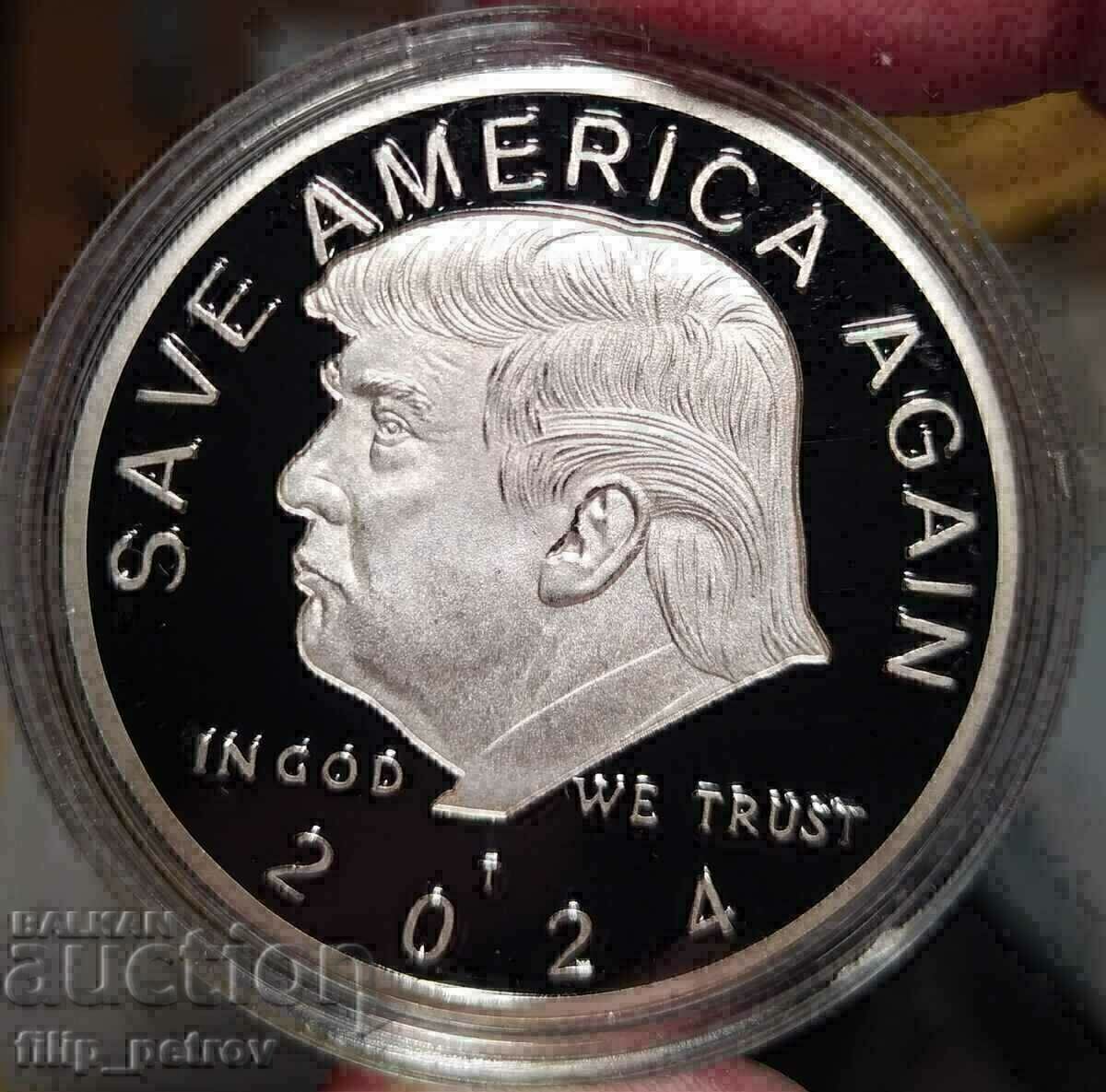 Plachetă/Token ,, Donald Trump " în capsulă. Argintată