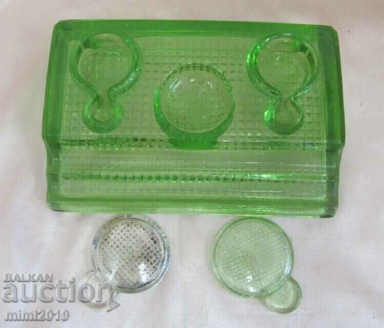 Auction  30's Art Deco Green Crystal Glass Inkwell