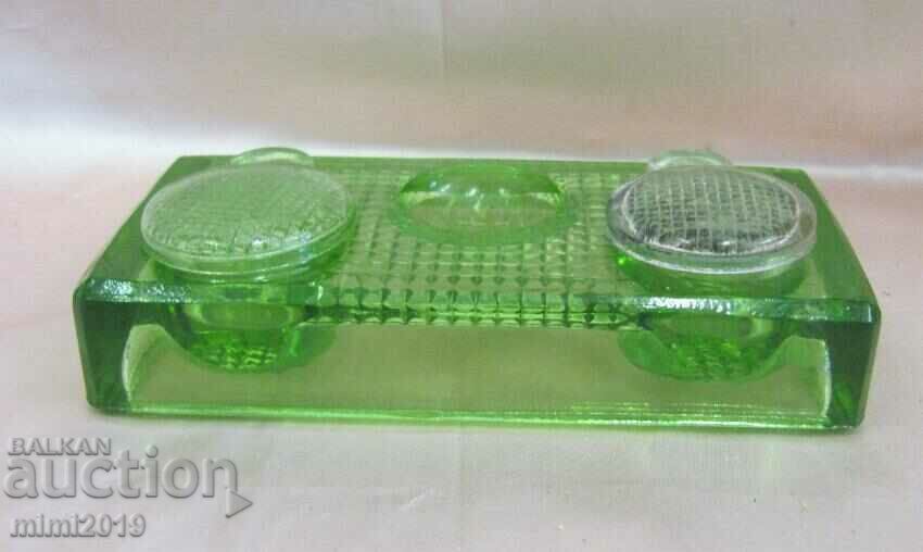 30's Art Deco Green Crystal Glass Inkwell - 5