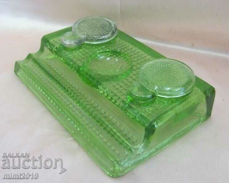 30's Art Deco Green Crystal Glass Inkwell - 6