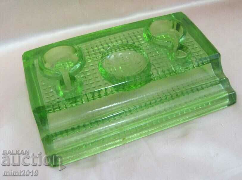 30's Art Deco Green Crystal Glass Inkwell - 7