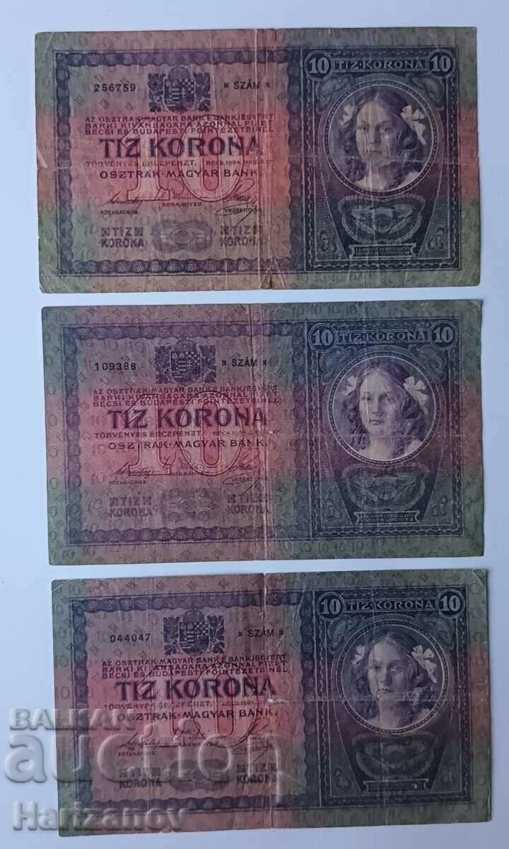 Lot banknotes Austria- Lot banknotes 3x10 kroner 1904 Austria