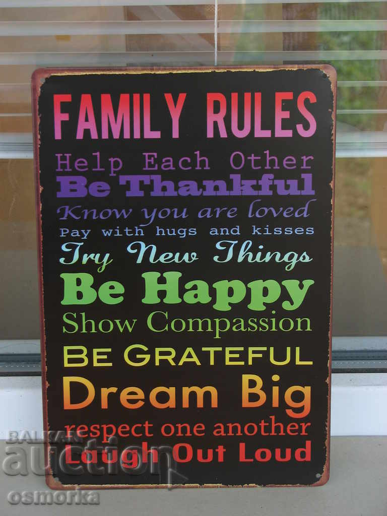 Metal Sign Label Message Family Rules Happiness Lucky