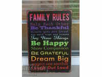 Метална табела надпис послание Семейни правила щастие късмет