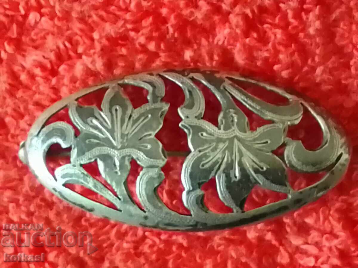 Old silver 835 niello flower brooch - 6