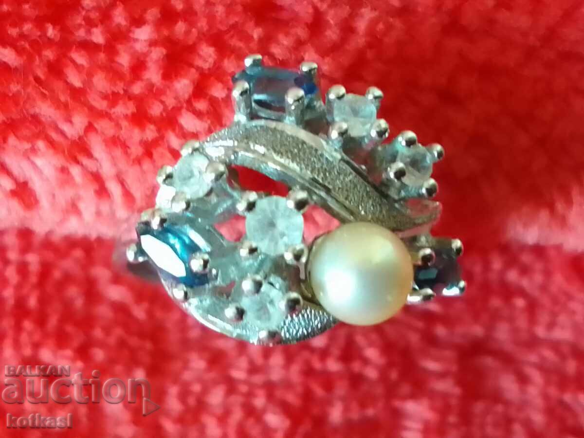 Стар сребърен 925 пръстен полуск камъни маркировка перла с цена € 30.00 | 58.67 лв.
