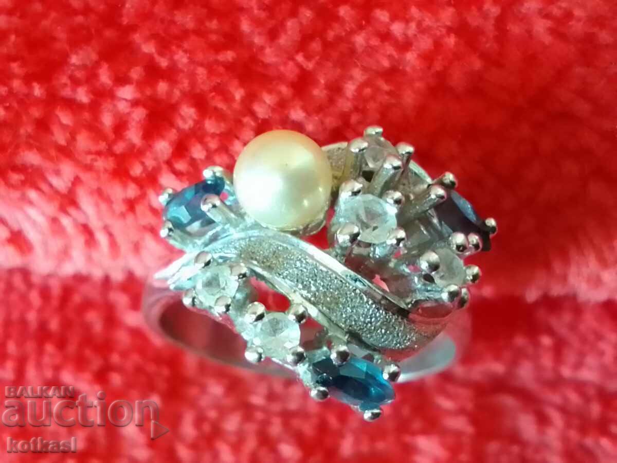 Аукцион Стар сребърен 925 пръстен полуск камъни маркировка перла