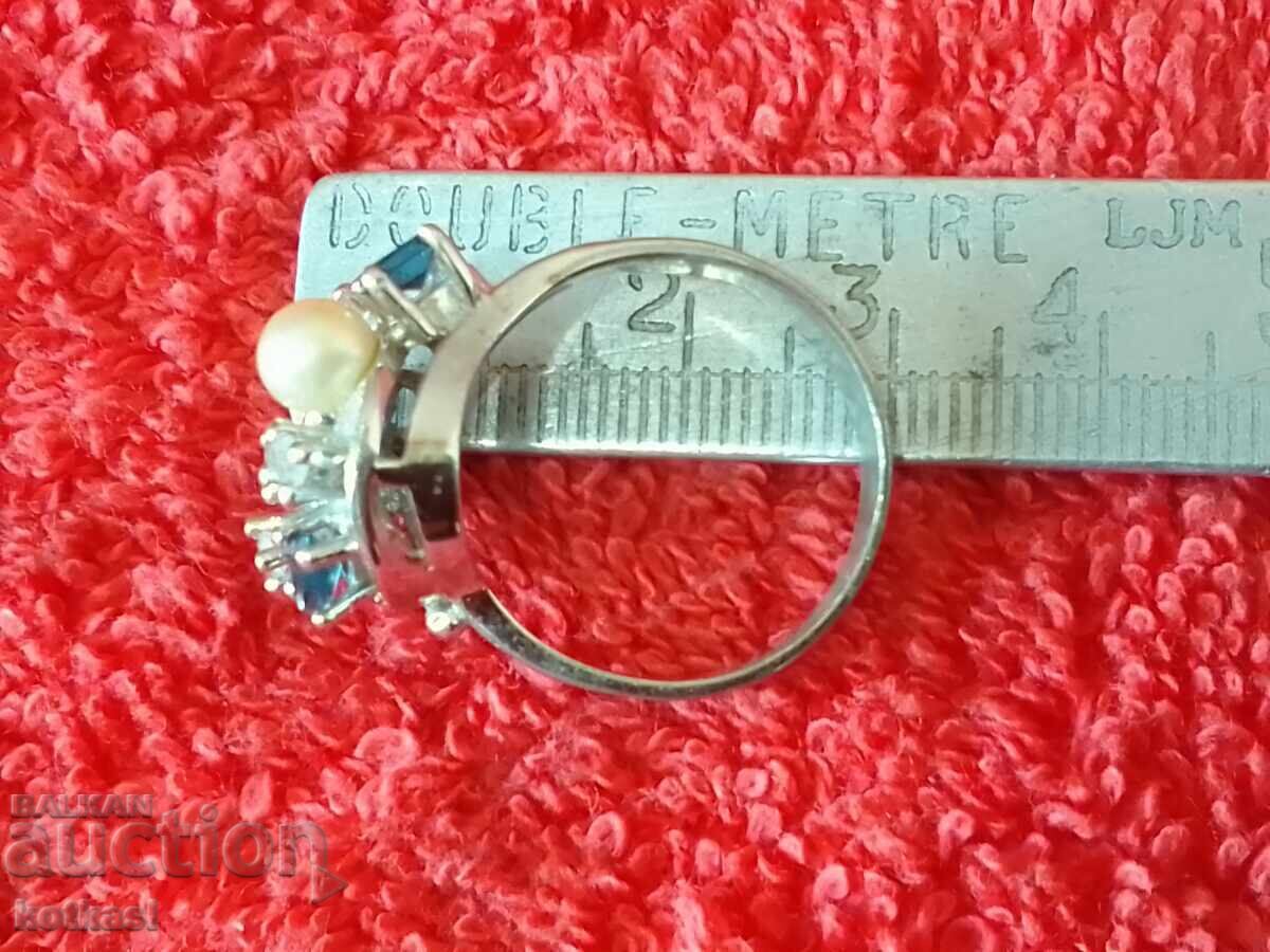 Стар сребърен 925 пръстен полуск камъни маркировка перла - 5