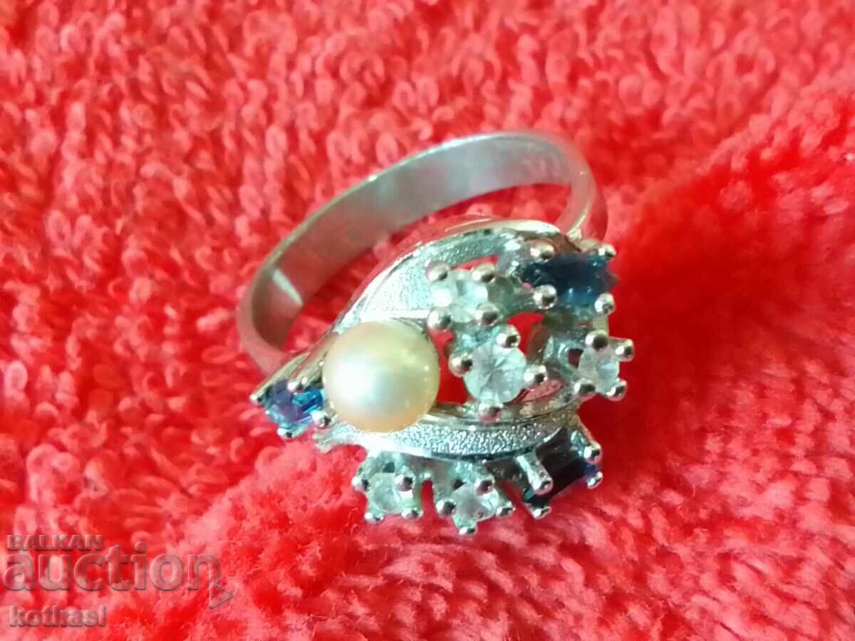 Стар сребърен 925 пръстен полуск камъни маркировка перла - 7