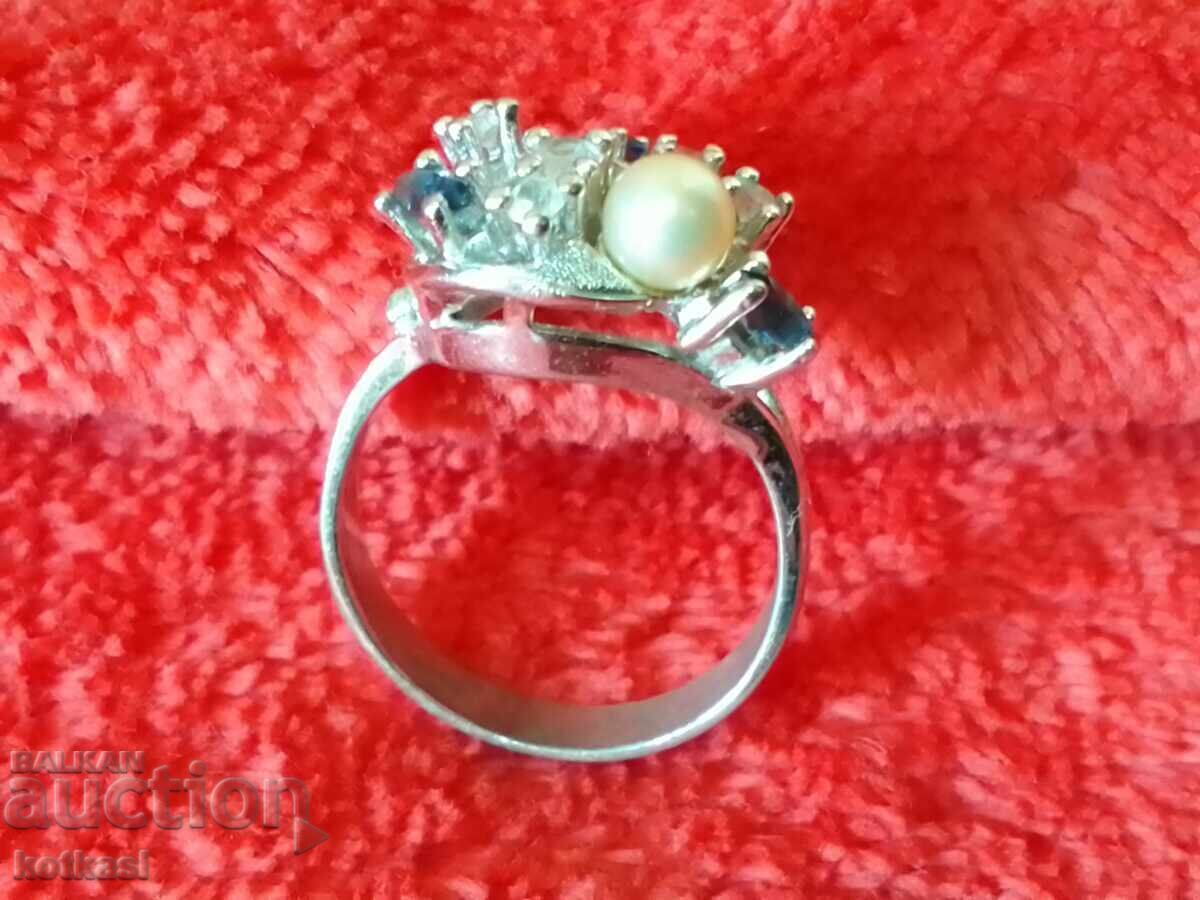 Old silver 925 ring semi-precious stone marking pearl