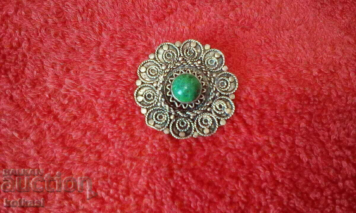 Old silver 925 brooch pendant green semi-precious stone - 5