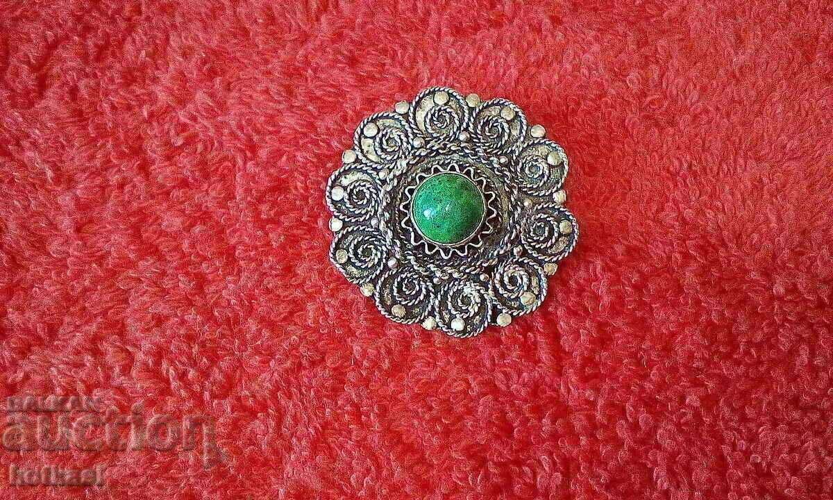 Old silver 925 brooch pendant green semi-precious stone - 6