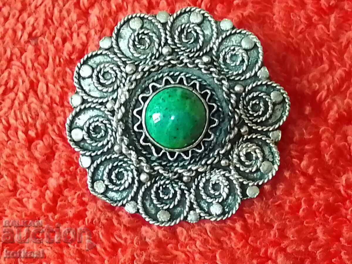 Old silver 925 brooch pendant green semi-precious stone - 6