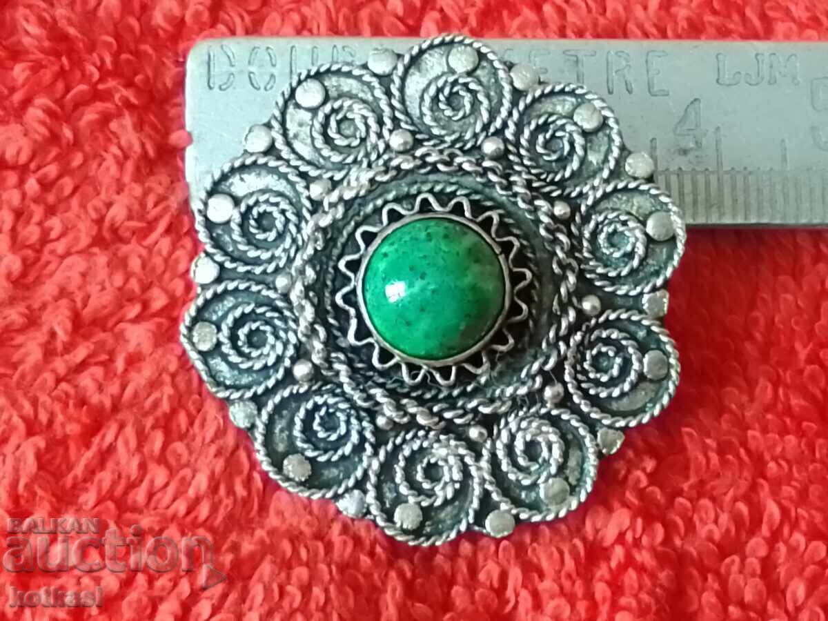 Old silver 925 brooch pendant green semi-precious stone