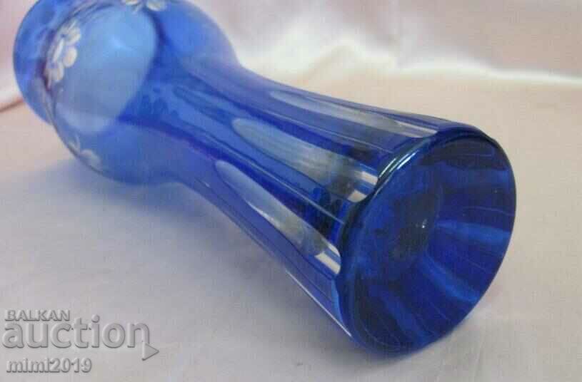 Vintich Crystal Blue Glass Vase Bohemia - 7