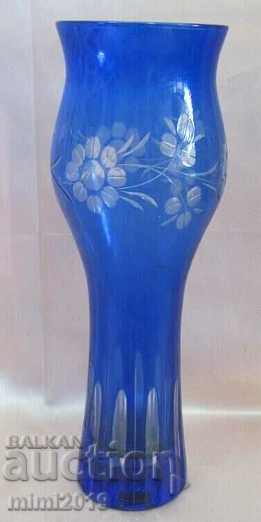 Vintich Crystal Blue Glass Vase Bohemia