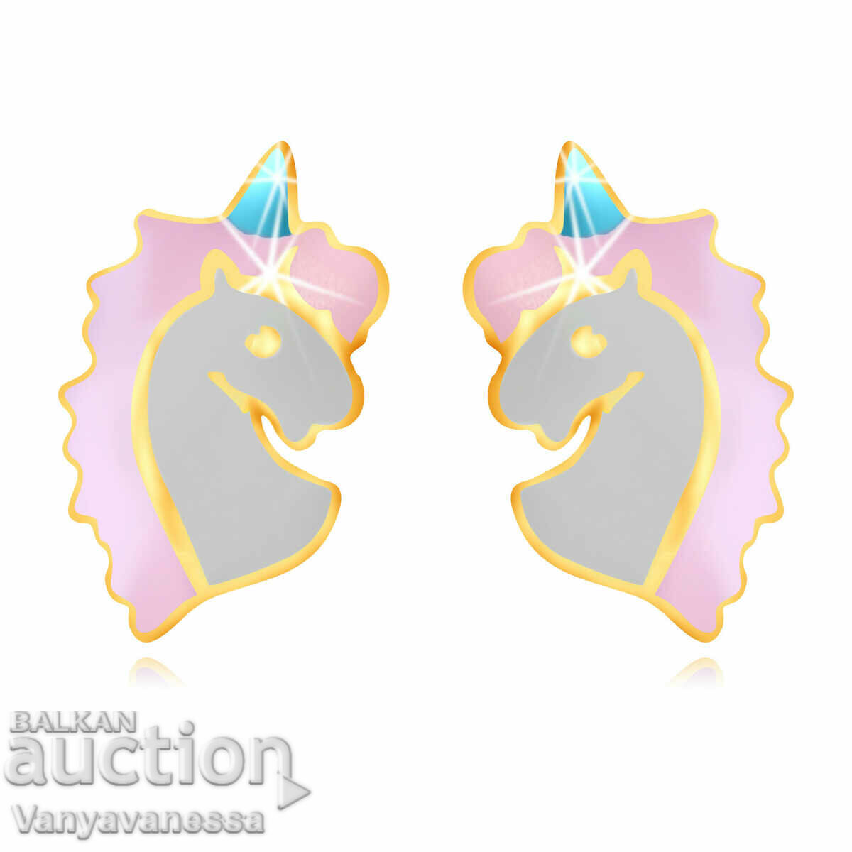 Gold earrings sample 375 on a screw - unicorn, decorated